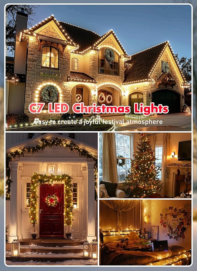 Multicolor C7 LED Christmas String Lights, 50FT 50 Lights C7 Vintage Christmas Lights, Commercial Connectable Christmas Tree Lights for Xmas Holiday Roofline Garden Wedding Decor, Warm White