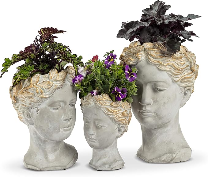 Abbott Collection Aphrodite Head Planter – Large Indoor and Outdoor Planter Pots - Whimsical Woman Statue Head Planter for Flowers and Succulents (10 inch, Grey/Gold)