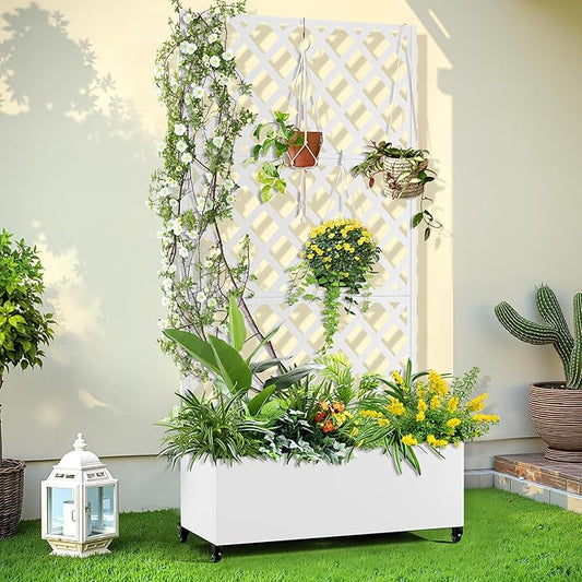 Metal Planter Trellis Box with Wheels & Drain Plug Outdoor Raised Garden Bed Patio Privacy Screen with Planter for Climbing Plants, Vegetables 73"x35"x16" White-Diamond