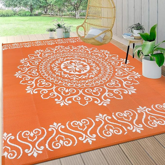 Pauwer Waterproof Outdoor Rug 6x9, Reversible Plastic Straw Patio Camping Rug, Indoor Outdoor RV Mat Carpet for Deck, Camper, Porch, Balcony, Backyard, Picnic, Floral Orange