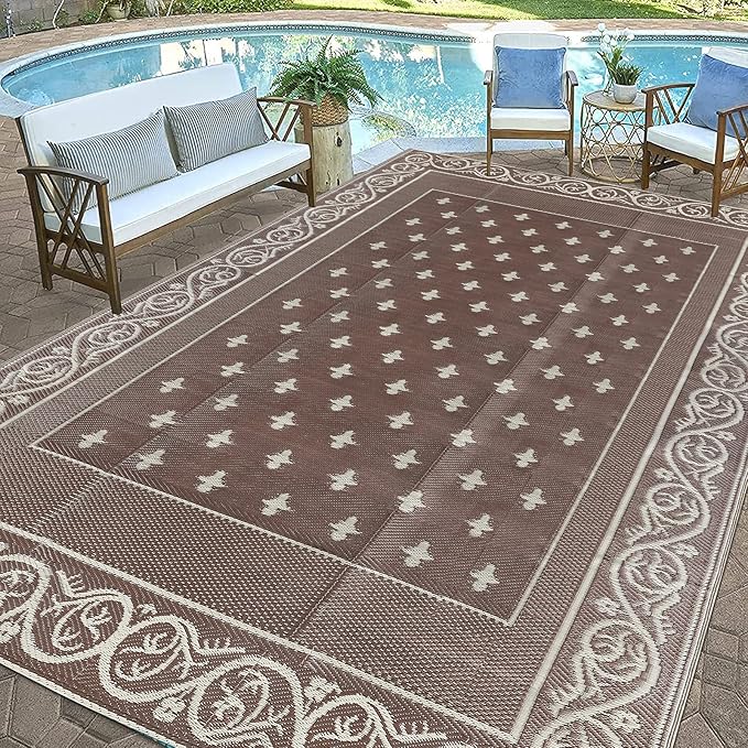 Pauwer 9'x12' Reversible Outdoor Rug, Waterproof Plastic Straw Area Rug for Patios, RV Mat, Camping, Picnic, Beach, Balcony, Pet Friendly, Lightweight