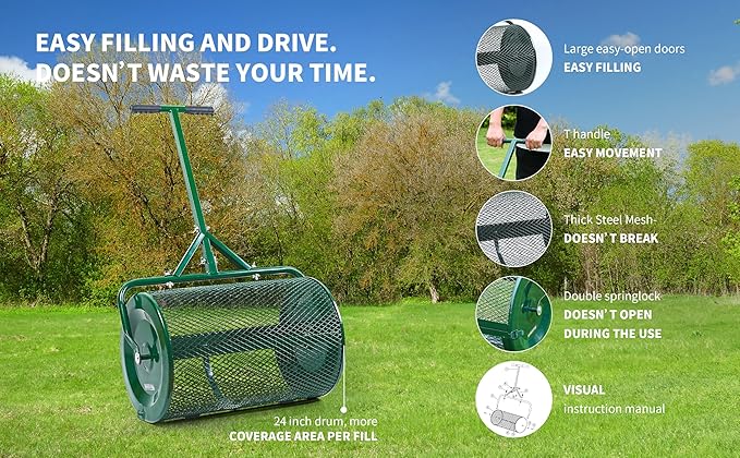 Compost Spreader- 24 inch Peat Moss Roller With improved T shape handle-Lawn & Garden Spreader For Top Dressing Compost, Fertilizer, Mulch And Soil- Strong and Lightweight material for basket