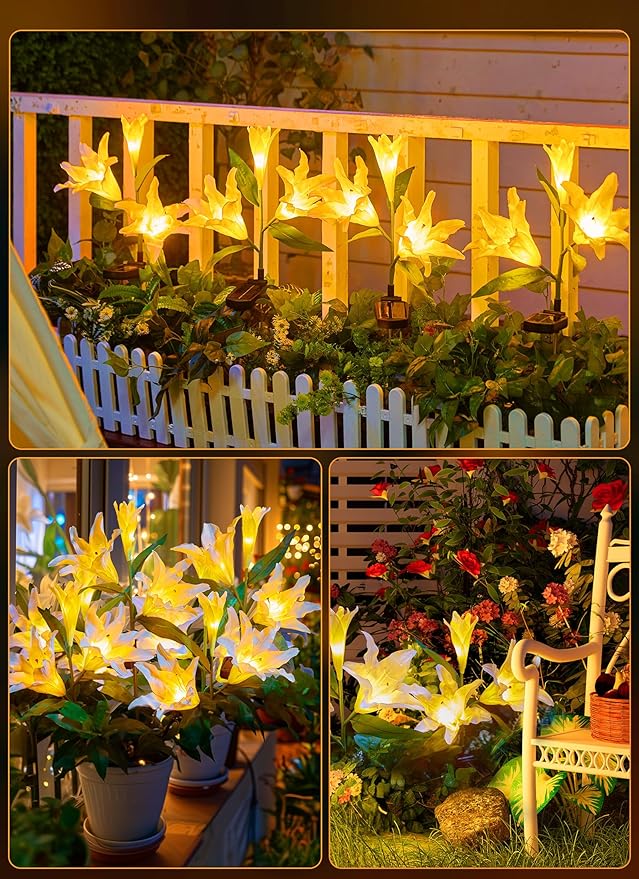 Brightown Outdoor Solar Garden Lights - 4 Pack LED Flower Lights with Larger Lily, Bigger Solar Panel, Waterproof for Outside Yard Patio Garden Decorations, White