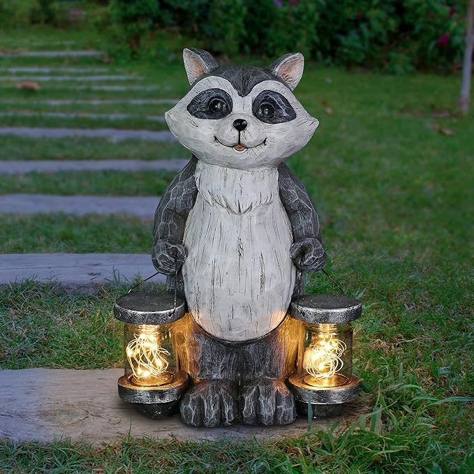 Exhart Garden Sculpture, Raccoon Solar Garden Statue with 2 Jars, 16 LED Firefly Lights, Outdoor Garden Decoration, 7.5 x 9 x 10.5 Inch