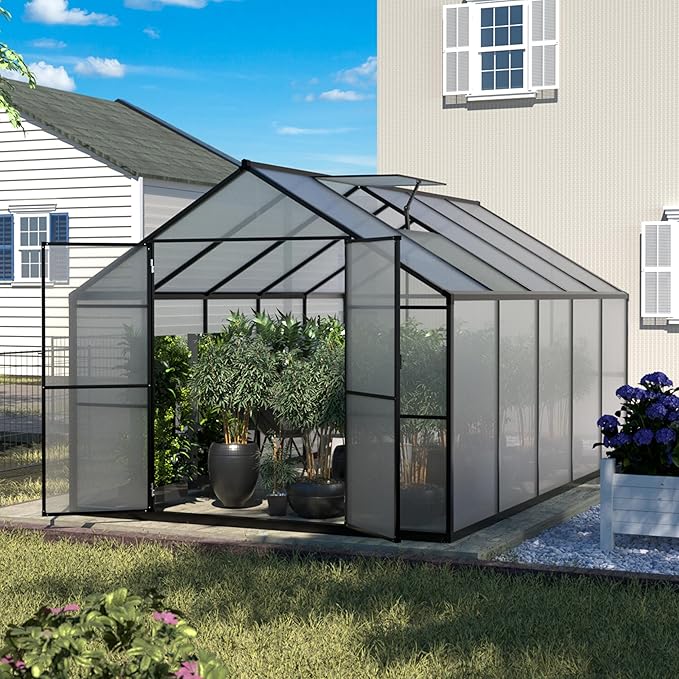8x10 FT Outdoor Greenhouse Kit, Polycarbonate Aluminum Walk-in Greenhouse with Adjustable Roof Vent and Lockable Door, Backyard Garden in Winter, Gray