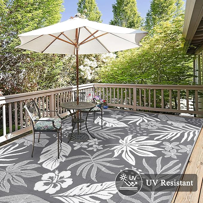 Pauwer Waterproof Outdoor Rug 9x12, Reversible Plastic Straw Patio Camping Rug, Indoor Outdoor RV Mat Carpet for Deck, Camper, Porch, Balcony, Backyard, Picnic, Floral Grey