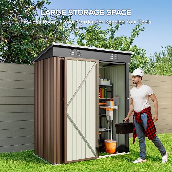 Gizoon 5' x 3' Outdoor Storage Shed with Singe Lockable Door,Galvanized Metal Shed with Air Vent Suitable for The Garden,Tiny House Storage Sheds Outdoor for Backyard Patio Lawn-Brown