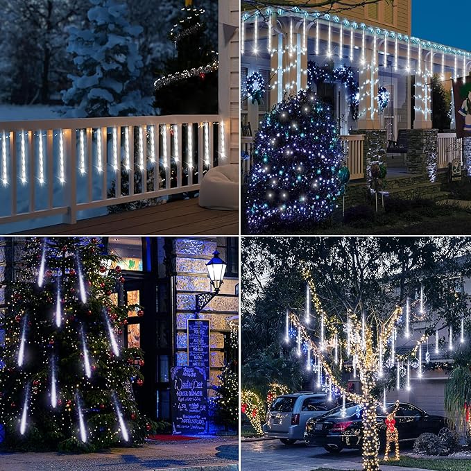 Christmas Decoration Outdoors- 32 Tubes (Equivalent to 4 Sets of 8-Tubes) Meteor Shower Rain Lights, White Falling Rain Lights for Christmas Decor Xmas Tree Halloween Yard Wedding Party, UL Plug