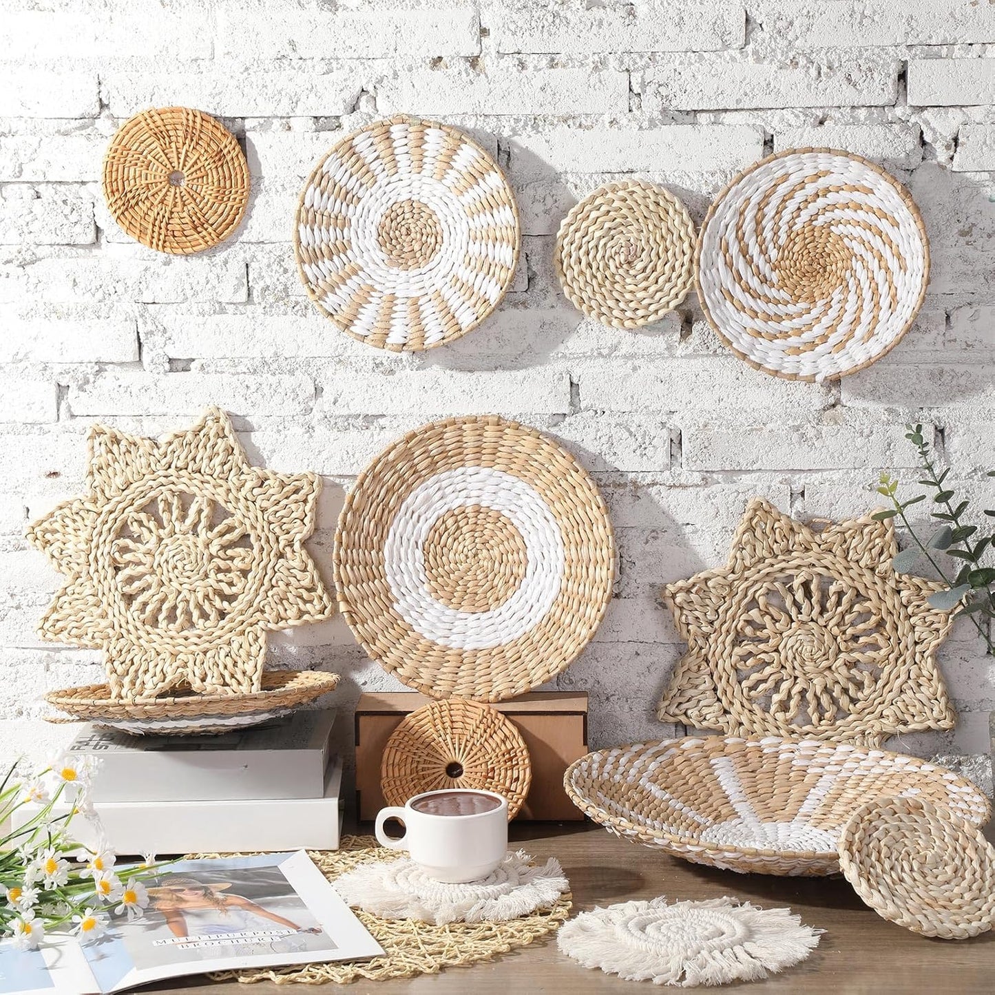 15 Pcs Boho Wall Basket Decor Woven Rattan Seagrass Wall Decor Hanging Rustic Farmhouse Western Art Decoration for Nursery Living Room Bedroom Home Kitchen(Grey White Style)