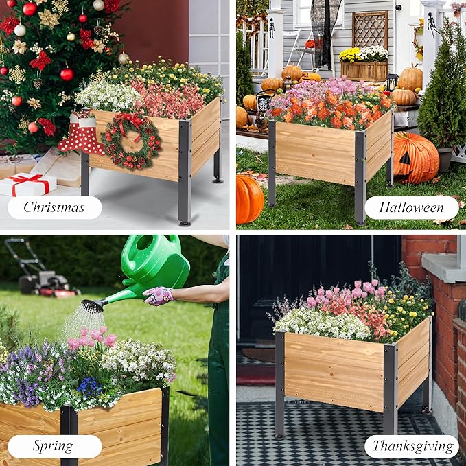 Wooden Planter Box, Square Planter for Growing Flowers,Decorative for Flowers Herbs Vegetables for Indoor & Outdoor Decor,Front Porch Cart for Patio Garden Balcony