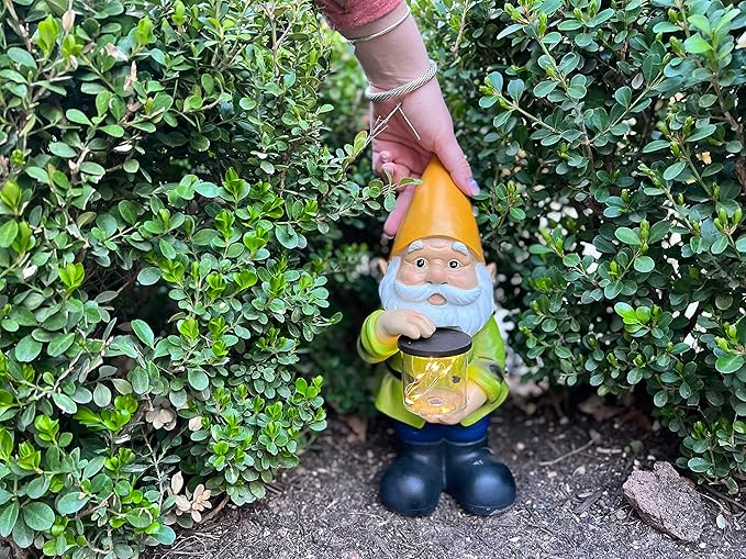 VP Home Jar Garden Gnomes Lawn Gnome with Solar Light Great Addition for Your Garden Solar Powered Knome Gifts for Outside Patio Lawn (Yellow Hat)
