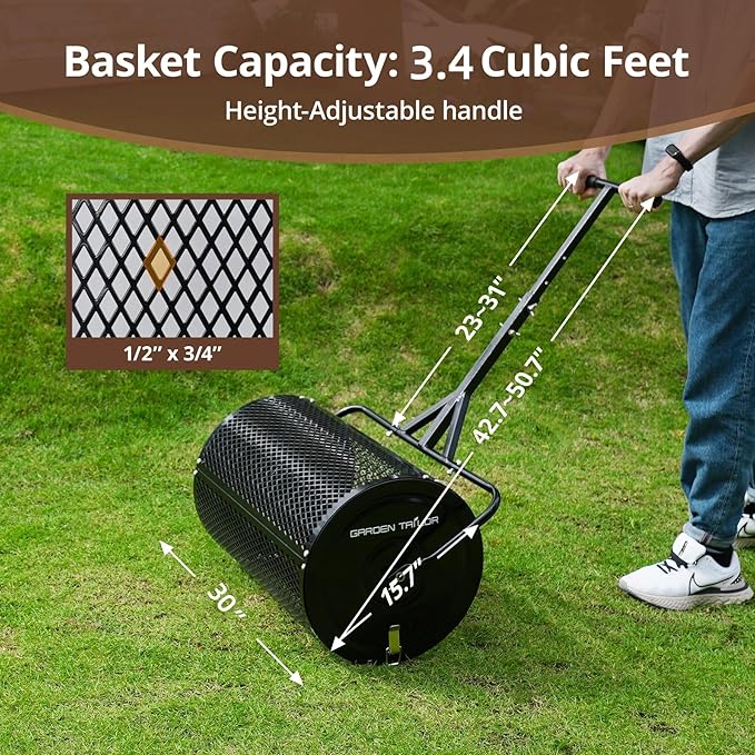 Compost Spreader 30 Inch Peat Moss Spreader with Installation Support Accessories, Metal Mesh Roller Lawn Spreader for Top Soil, Manure, Mulch, Top Dressing - Garden spreaders for lawns