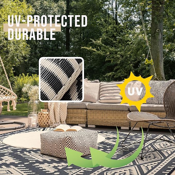 OLANLY Outdoor Rug Waterproof 6x9 ft, Reversible Outdoor Plastic Straw Rug, Boho Patio Rug, Indoor Outdoor Carpet, RV Mat Outside for Patio, Camp, Picnic, Balcony, Deck, Backyard, Black & Beige