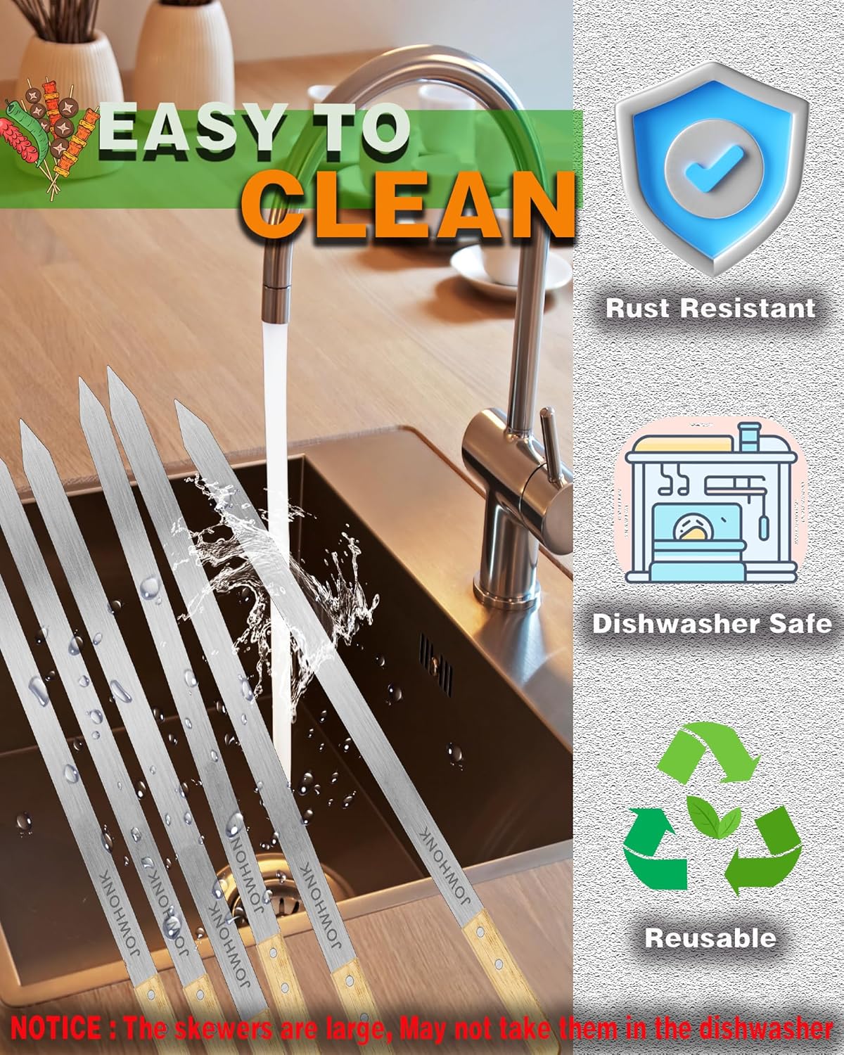 23.5" Long Kabob Skewers,1 Inch Wide 304 Stainless Steel Barbecue Skewers for Grilling with Wooden Handle,Metal Flat BBQ Skewer for Koubideh Brazilian Shish Kebab Skewer(8),BBQ Mop Brush(1)