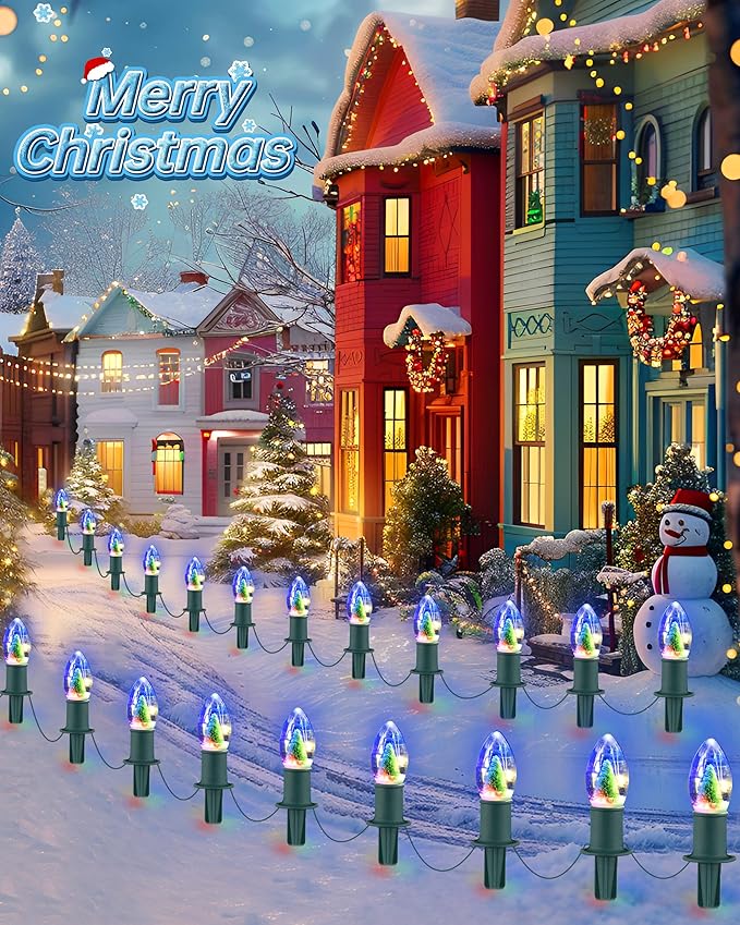 VCOKEN Christmas Pathway Lights Outdoor, 24.5FT Connectable C9 Christmas Walkway Lights with 20 LED and Stakes, Multicolored Waterproof C9 Christmas Lights Outdoor Decorations for Lawn Yard Sidewalk