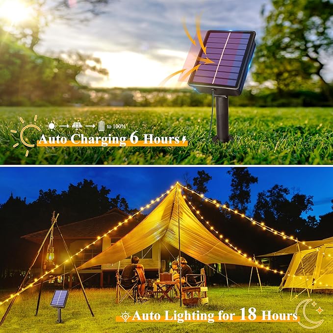 Ollny Solar String Lights Outdoor, 2 Pack Total 198FT 600LED Solar Fairy Lights, 8 Modes IP67 Waterproof for Outside Yard Garden Patio Xmas Party, Warm White