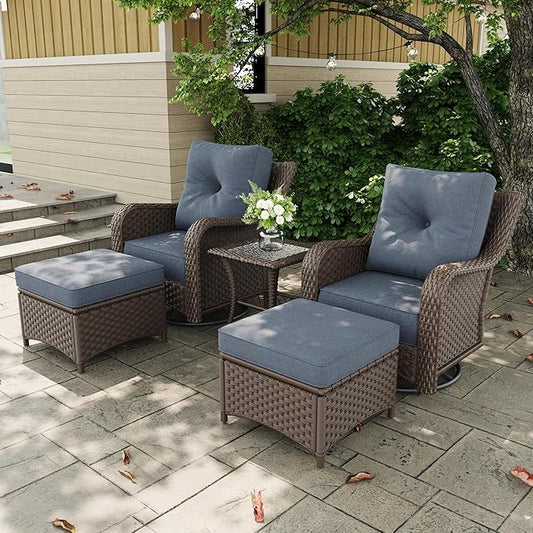 5 Pieces Outdoor Patio Furniture Sets with Rocking Swivel Chairs with 6-inch Thick Cushion and Side Table for Deck Lawn