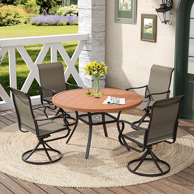 DIFY Round Outdoor Patio Dining Table for 4, 41.7" Patio Table with All-Weather Faux Wood Tabletop and Metal Steel Frame, Outside Table for Garden Porch Backyard, Walnut