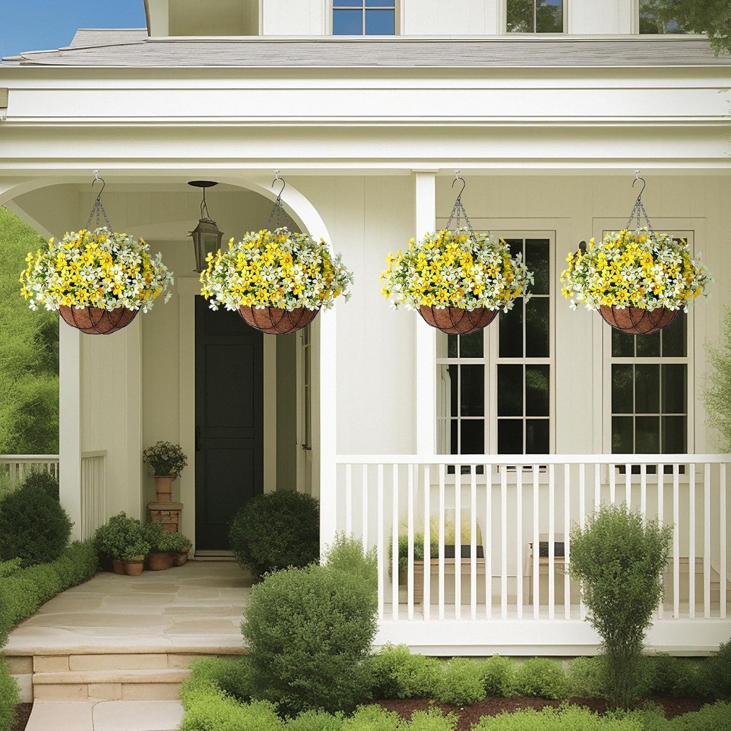 Artificial Silk Flowers Hanging Baskets Outdoors,Chrysanthemum with Eucalyptus Leaves Arrangement for Garden Yard Decor,Faux Plant in Metal Coconut Lining Flowerpot(Yellow)