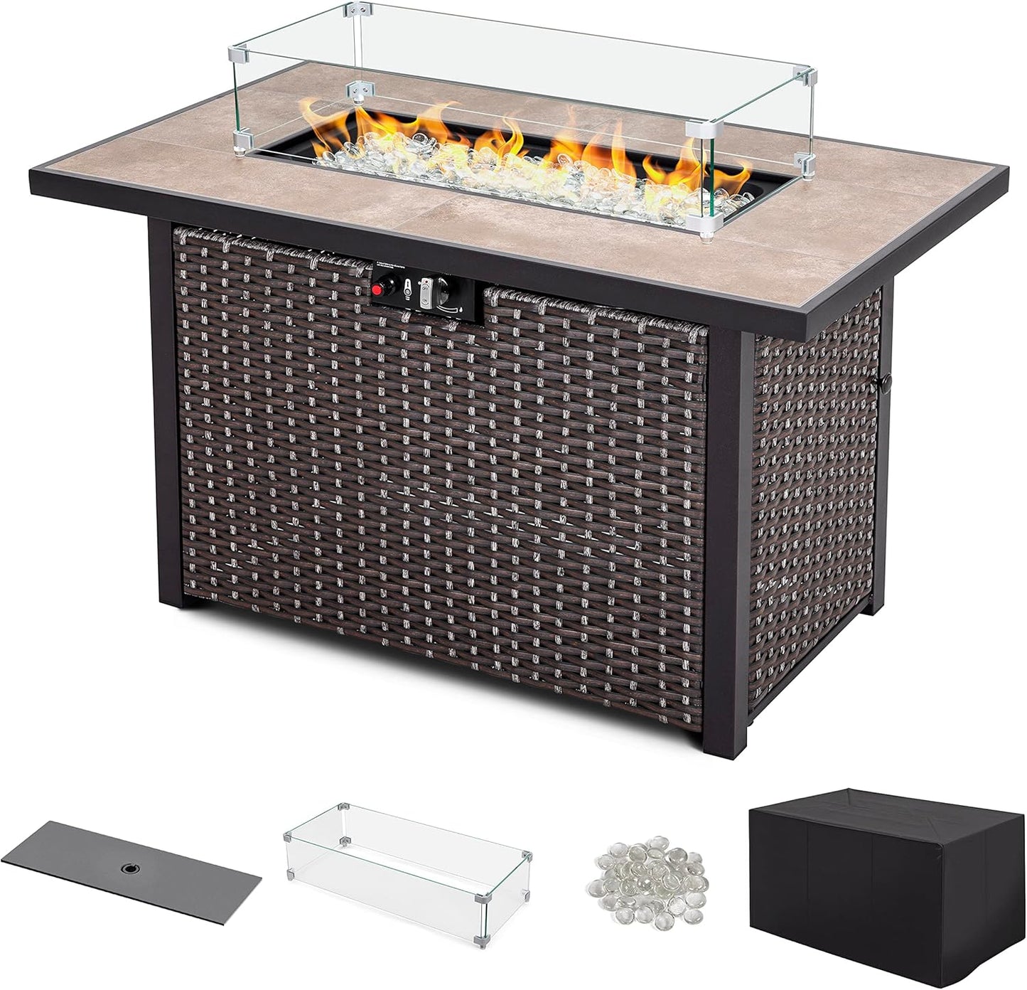 Nuu Garden 43" Propane Fire Pit Table, CSA Certified 50,000 BTU Outdoor Patio Propane Fire Pit Table with Fire Pit Wind Guard, Removable Lid, Ceramic Tabletop, Water-Proof Oxford Cover, Dark Brown