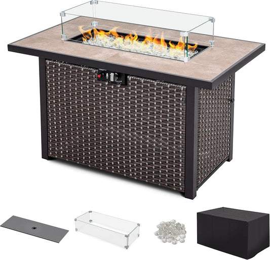 Nuu Garden 43" Propane Fire Pit Table, CSA Certified 50,000 BTU Outdoor Patio Propane Fire Pit Table with Fire Pit Wind Guard, Removable Lid, Ceramic Tabletop, Water-Proof Oxford Cover, Dark Brown
