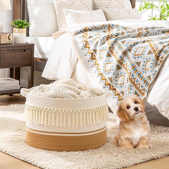 KAKAMAY Large Blanket Basket (20"x13"),Woven Baskets for storage Baby Laundry Hamper, Cotton Rope Blanket Basket for Living Room, Laundry, Nursery, Pillows, Baby Toy chest (White Fringe)