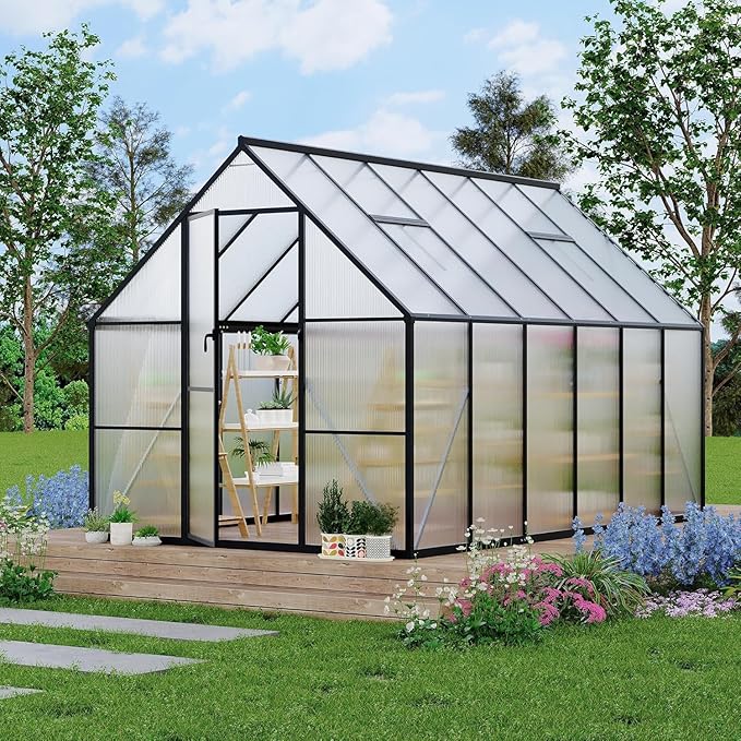 Greenhouse 8x10 FT Aluminum-Framed Heavy Duty Polycarbonate with Quick Setup Structure and Roof Vent, Large Enhanced Outdoors Green House Kit