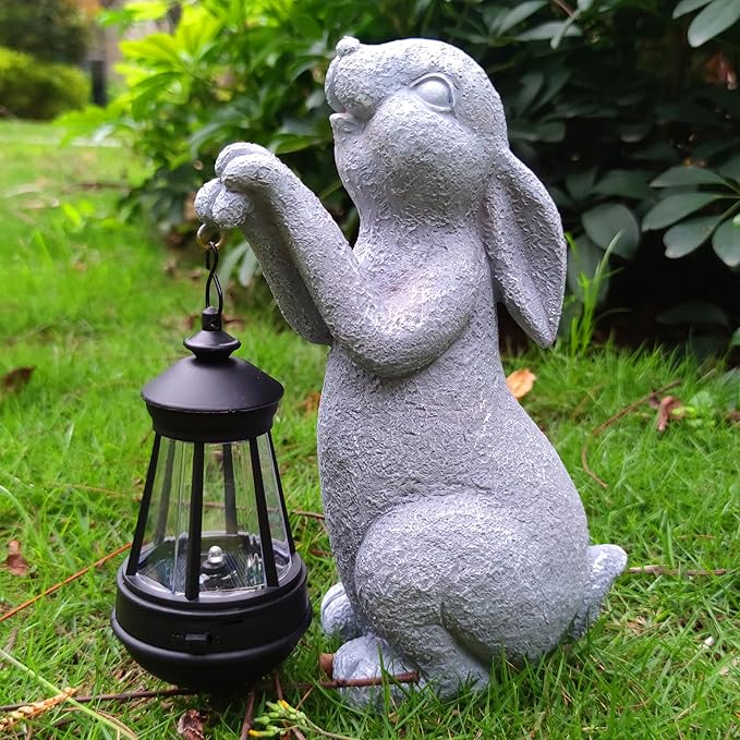 Rabbit Solar Garden Outdoor Statues,Resin Rabbit Figurine Decorations with Solar Lights Lantern, Outdoor Rabbit Art Decor for Lawn,Yard, Unique Housewarming Gift for Garden Home