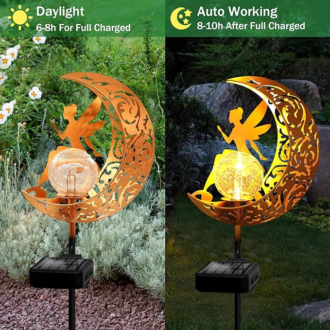 Garden Solar Lights Outdoor Decorative, Moon & Fairy Solar Stake Crackle Glass Globe, Gardening Gifts for Women, Garden Stake Lights Waterproof for Walkway, Yard, Lawn, Patio (Warm White)