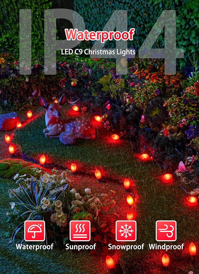 Vintage C9 LED Christmas Lights Outdoor, 50 Feet C9 String Lights with 50 Shatterproof Matte Bulbs, Connectable Waterproof Lights for Holiday Party Roofline Backyard Garden Patio, Red