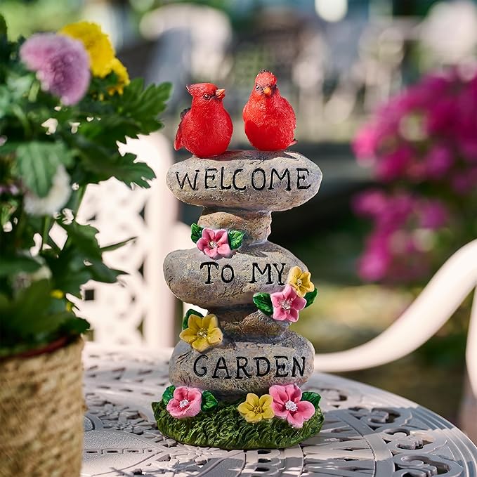 TERESA'S COLLECTIONS Garden Statues with Outdoor Solar Lights for Garden Decor, Cardinal Birds Welcome Yard Sign Rocks & Flower Resin Valentines Decorations, Gifts for Mom Yard Decor, 11"