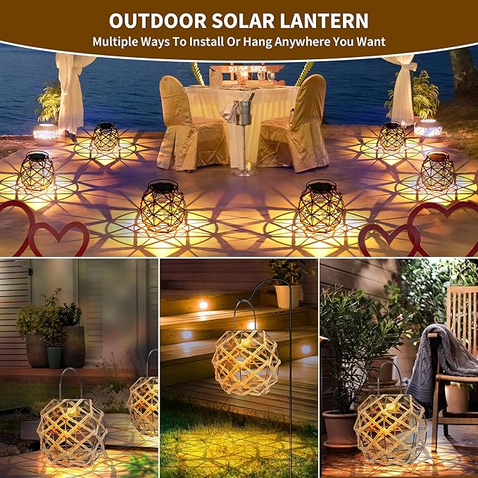 HPC Decor 2 PK Solar Lanterns-Outdoor Waterproof, Hemp Rope, Hanging Outdoor, Round Lamp Boho Decor for Garden, Yard, Patio, Porch, Pathway.