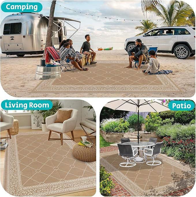 HEBE Outdoor Rug Waterproof 8x10, Reversible Plastic Straw Rug RV Camping Rug, Indoor Outdoor Patio Mat Clearance, Outside Carpet for Porch,Deck,Camper,Balcony,Backyard,Picnic