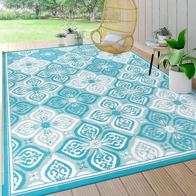 Pauwer Waterproof Outdoor Rug 8x10, Reversible Plastic Straw Patio Camping Rug, Indoor Outdoor RV Mat Carpet for Deck, Camper, Porch, Balcony, Backyard, Picnic, Clover Teal