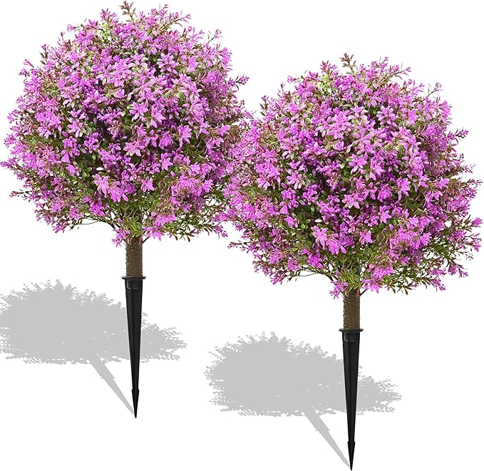 28" Artificial Boxwood Topiary Tree Purple, Set of 2 UV Resistant Fake Evergreen Shrubs Bushes with Ground Spike, Realistic Plants for Outdoor Indoor Front Porch Garden Home Decor