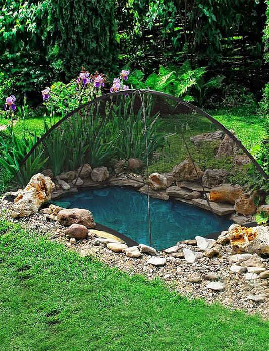DEERFAMY Pond Net Dome, 10×14 FT Pond Cover with 2 Doors, Pond Mesh Tent with 4 Ropes, 16 Stakes, and Fiberglass Poles, Pond Netting for Koi, Outdoor Ponds, Pool and Gardens, Black