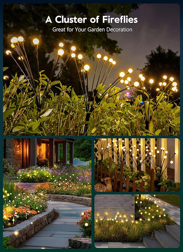 Solar Garden Lights - 8 Pack 12 LED Solar Firefly Lights with 2 Lighting Mode, Sway by Wind, Waterproof Solar Outdoor Light for Yard Patio Walkway Decoration, Warm White