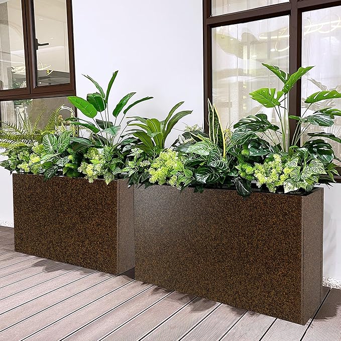 Metal Planter Box Rectangular Planter, 35.5" Lx 10" Wx 28" H Terrazzo Brown Large Planters with Drainage Holes, Galvanized Steel Tall Planters for Patio/Porch