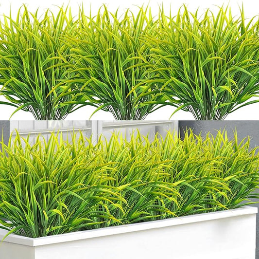 Ouddy Decor 16 Bundles Artificial Plants Outdoor Fake Grass Greenery Stems UV Resistant Faux Plastic Plants Shrubs for Spring Summer Home Garden Pathway Window Box Front Porch Decor, Yellow