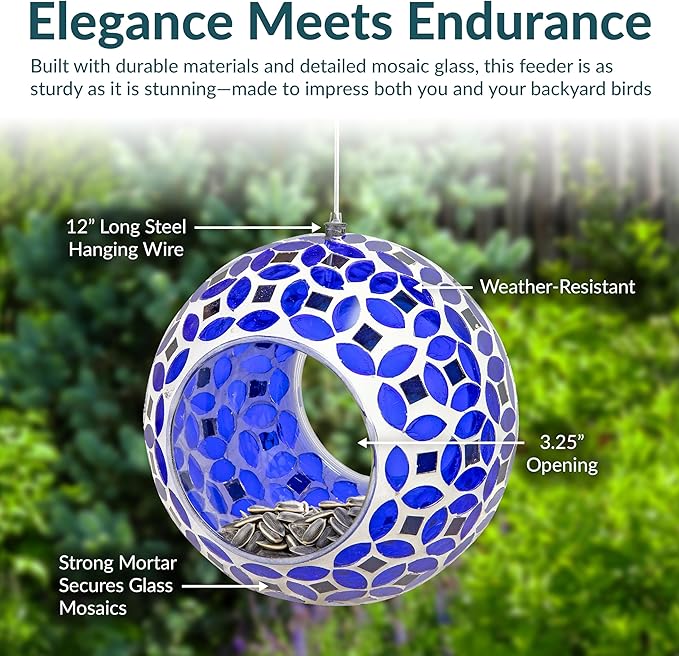 Sunnydaze 6-Inch Glass Mosaic Hanging Bird Feeder for Outdoors - Fly-Through Wild Bird Feeder - Lavender Mosaic
