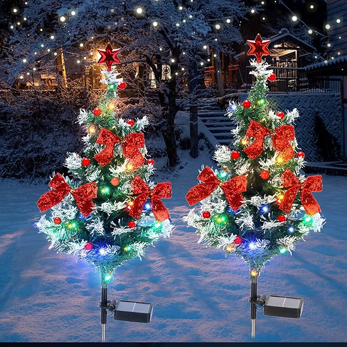 Solar Christmas Tree Light - Christmas Waterproof Small Pathway Lights, Outdoor Lights Christmas Decorations Cedar Xmas Tree with 20 LED Lights in 4 Colors for Garden/Yard/Patio, 2 Packs