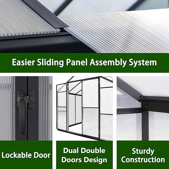 8x16 FT Polycarbonate Aluminum Greenhouse Kit, Outdoor Walk-in Green House with Adjustable Roof Vents and Lockable Door, Backyard Garden in Winter, Gray