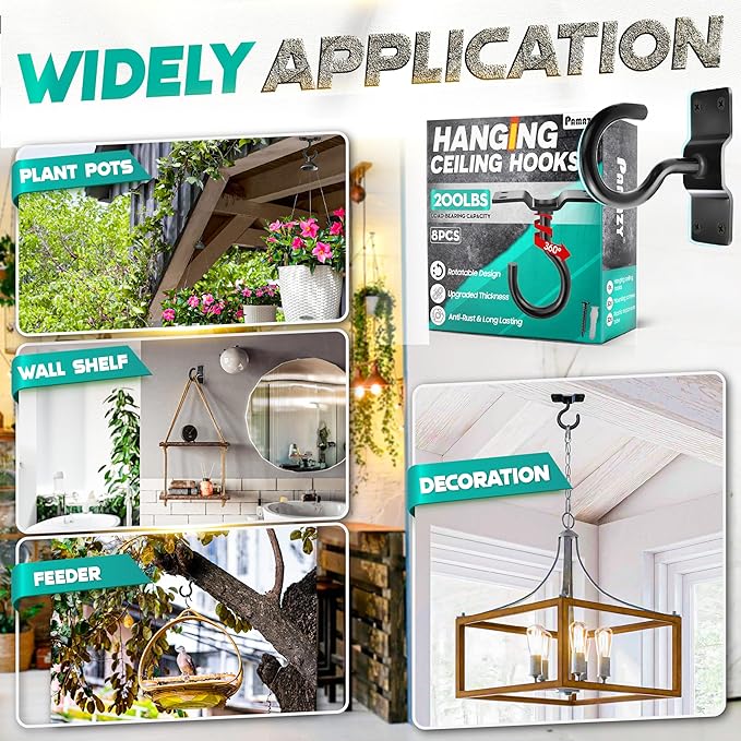 [Upgraded] 8Pcs 200LBS Rotatable Ceiling Hooks with 4 Screw Points Plate Base, Black Wall Mount Metal Hanger for Hanging Plants, Bird Feeders, Lanterns, Lights, Wind Chimes, Indoor Outdoor Decor