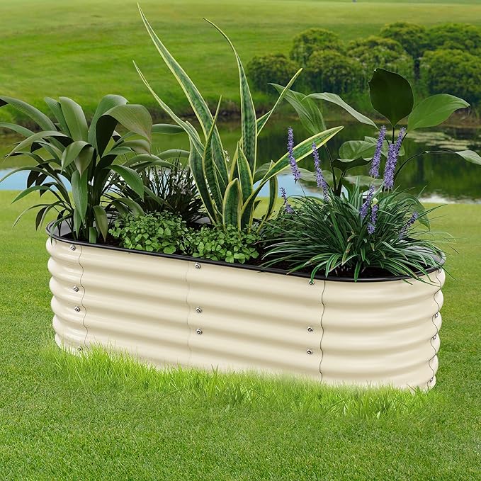 Raised Garden Bed 5x2x1.4 Ft Planter Box Outdoor with Rubber Edge Zinc-Aluminum-Magnesium Stainless Steel Durable Metal Garden Beds Kit for Vegetables, Flowers, Herbs and Succulents（Ivory）