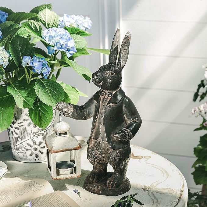 NIKKY HOME Easter Bunny Decorations, Vintage Resin Bunny Figurine with Lantern, Metal Rabbit Tealight Candle Lantern Holder Rabbit Outdoor Statues Gift for Garden Home