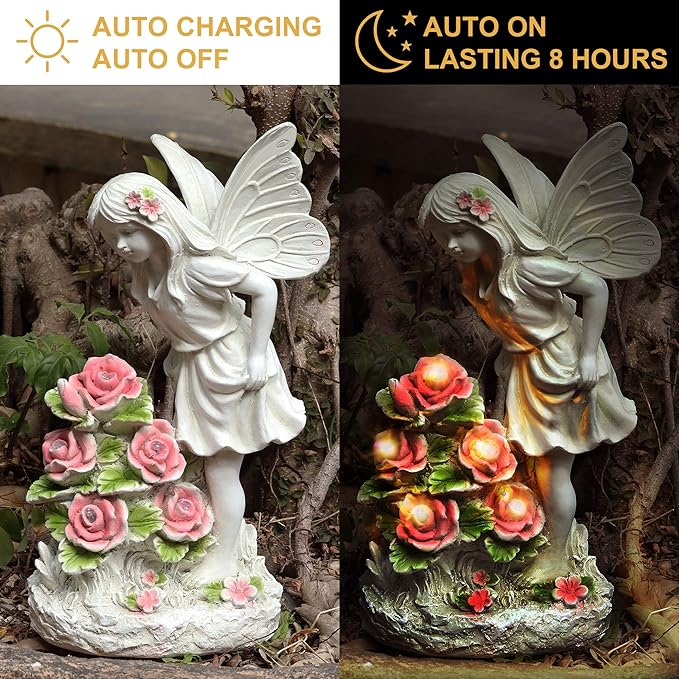 Garden Figurines Angel Garden Statue Outdoor Decor, Solar Powered Resin Sculpture with 5 LEDs Art Decoration for Patio Lawn Yard Porch, Ornament Housewarming Garden Gift, 12.8 x 7.5 x 6.1 Inch