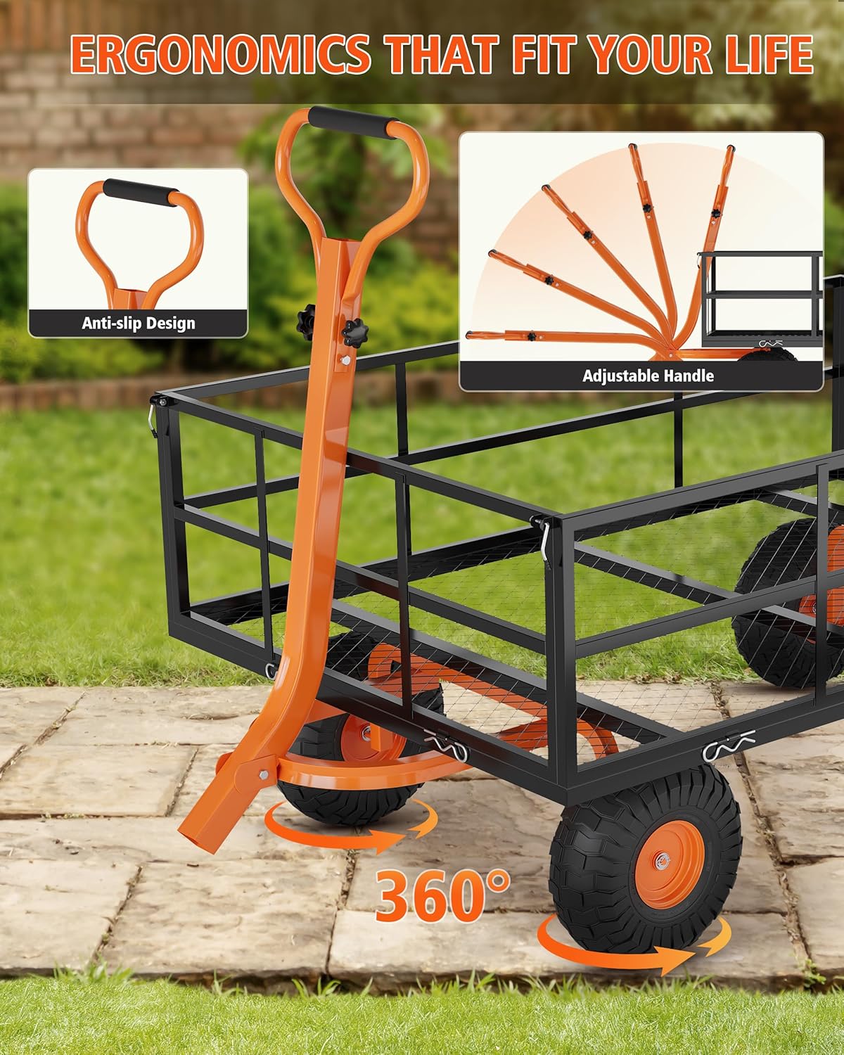 Heavy Duty Steel Garden Cart, 1200 LBS Capacity 3 in 1 Pullable Garden Wagon with 13" Wheels, for Gardening Soil, Tools, and Plant Transport