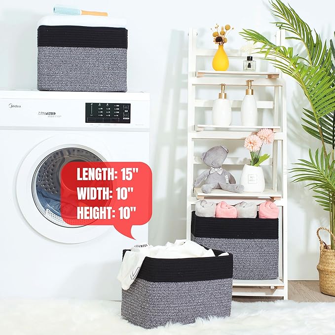 MINTWOOD Design Storage Basket for Shelves, Decorative Baskets for Organizing, Book Basket, Storage Cube Bin Box, Woven Closet Organizer, Pantry Closet and Shoe Basket, Black Grey Mix