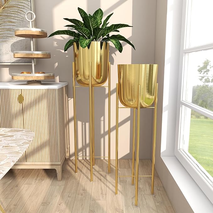 CosmoLiving by Cosmopolitan Metal Indoor Outdoor Planter Tall Indoor Outdoor Dome Large Planter Pot with Removable Stand, Set of 2 Planters 39", 46"H, Gold