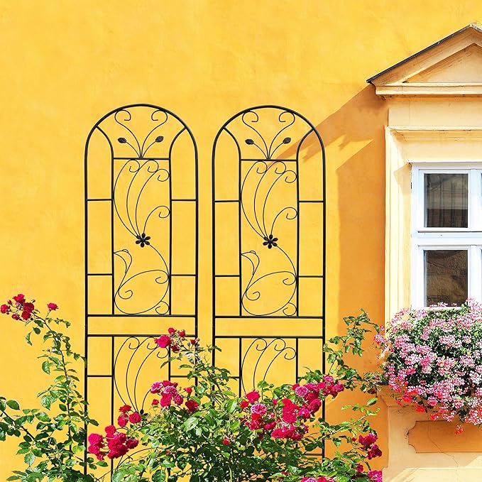 Metal Garden Trellis Rustproof Trellis for Climbing Plants Outdoor Flower Support Peacock Style (Black-4 Pack, 86.7"x19.7")